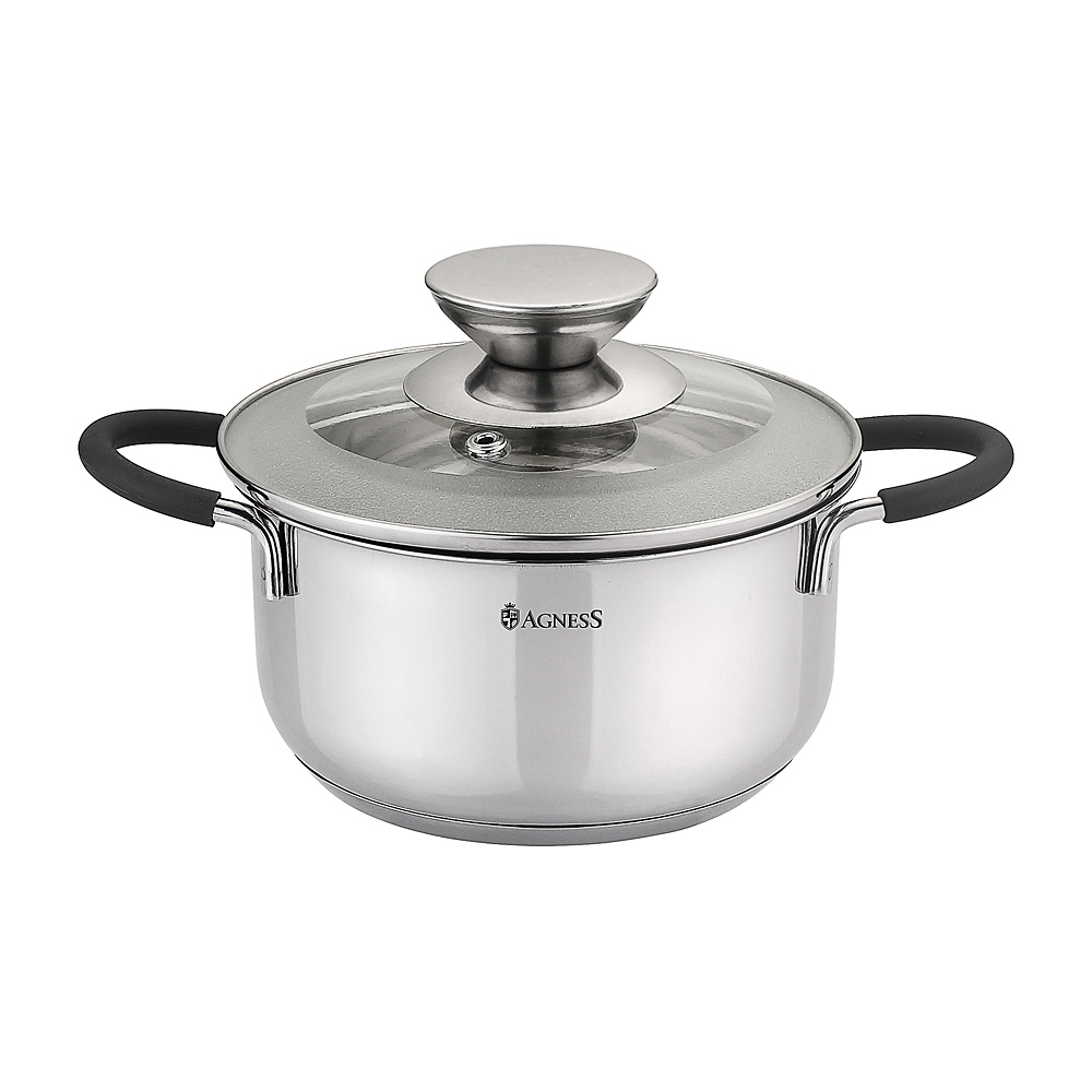937-166 КАСТРЮЛЯ AGNESS СО СТЕКЛЯННОЙ КРЫШКОЙ И СИЛИКОН.ВСТАВКАМИ НА РУЧКАХ, ИНДУКЦИЯ, 1,0Л, 14Х7,5СМ