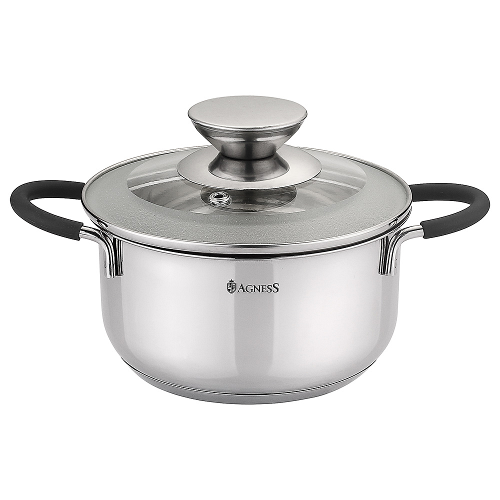 937-167 КАСТРЮЛЯ AGNESS СО СТЕКЛЯННОЙ КРЫШКОЙ И СИЛИКОН.ВСТАВКАМИ НА РУЧКАХ, ИНДУКЦИЯ, 1,45Л, 16Х8,5СМ