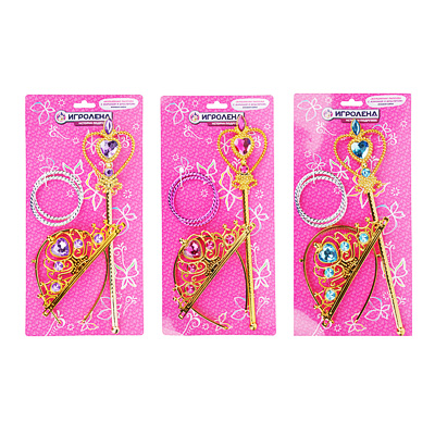 294-091 ИГРОЛЕНД НАБОР ИГРОВОЙ "ВОЛШЕБНАЯ ПАЛОЧКА С КОРОНОЙ И БРАСЛЕТОМ", ПЛАСТИК, 18Х34СМ, 2-6 ЦВЕТОВ