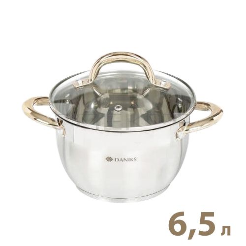 Кастрюля нерж ВИВАТ ГОЛД 6,5л со стекл крышкой мет/ручки Daniks SD-324G 