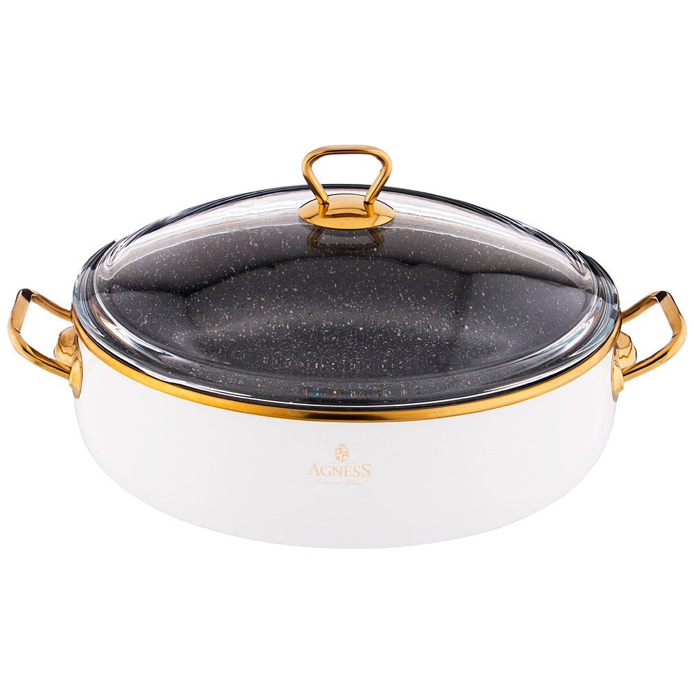 950-205 СОТЕЙНИК AGNESS ЭМАЛИРОВАННЫЙ СО СТЕКЛ. КРЫШКОЙ И АНТИПРИГАР. "МРАМОРНЫМ" ПОКРЫТИЕМ, 28СМ / 4,5Л 